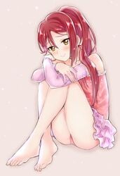 arm_on_knee bangs bare_legs bare_shoulders blush crossed_arms detached_sleeves floral_print hair_clip hair_ornament kitaku_jikan_(ktk_jkn) knee_up legs_together long_hair looking_at_viewer love_live! love_live!_sunshine!! panties pink_panties pink_skirt pleated_skirt red_hair sakurauchi_riko sidelocks simple_background skirt smile solo strapless underwear yellow_eyes