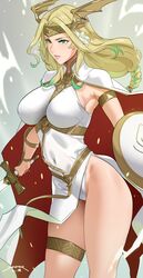 1girls arm_guards bangs bare_shoulders bare_thighs big_breasts blonde_hair breasts female fire_emblem fire_emblem:_three_houses flower green_eyes hair_flower hair_ornament highres large_breasts long_hair low-braided_long_hair nintendo rhea_(fire_emblem) seiros_(fire_emblem) sendo_(sendrawz) sendrawz solo_female thighs