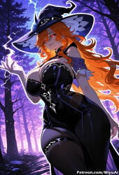 1girl ai_assisted ai_generated bare_shoulders bare_tree black_dress breasts cleavage curvaceous curvy curvy_female curvy_figure dress female forest full_moon genshin_impact hat huge_breasts large_breasts long_hair looking_at_viewer mavuika_(genshin_impact) miyuai moon nature night night_sky orange_eyes orange_hair outdoors red_eyes smile solo thick thick_ass thick_butt thick_hips thick_legs thick_thighs thighs tree voluptuous voluptuous_female wide_hips wide_thighs witch witch_hat