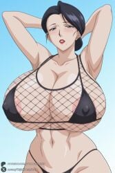 1female 1girl 1girls 2026 ai_generated areola_slip armpits arms_behind_head arms_up artist_name big_ass big_breasts bikini black_bikini black_hair blush breasts cleavage covered_nipples curvy fishnets gradient gradient_background hair_bun hi_res high_quality high_resolution highres huge_ass huge_breasts lipstick looking_at_viewer makeup mature_female mistreated_bride mole mole_under_mouth navel parted_lips patreon patreon_username single_hair_bun solo swimsuit takayanagi_sumie unjobdespiert watermark