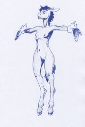 2:3 adeptus-monitus anthro breasts female genitals hooves innie_vulva mane monochrome nipples nude nude_anthro simple_background solo tail traditional_media_(artwork) unguligrade vulva