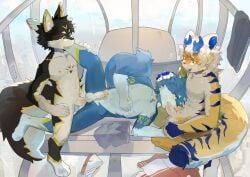 anal anal_penetration anthro antlers arm_markings arm_tuft armlet_(marking) black_body blue_antlers blue_body blue_inner_ear blue_stripes blush blush_stickers canid canine canis chest_markings claws countershading dipstick_ears dipstick_tail ear_markings elbow_tuft feikangnie666 felid fellatio genitals green_inner_ear group group_sex hair hand_markings head_grab hi_res horn humanoid_genitalia humanoid_penis leg_grab looking_at_another looking_at_partner lying male male/male mammal markings multicolored_ears narrowed_eyebrows on_side open_mouth oral pantherine penetration penile penile_penetration penis penis_in_ass sex spitroast stripes tail tail_markings tiger toe_claws trio tuft white_body white_countershading white_hair wolf yellow_body yellow_ear_tips
