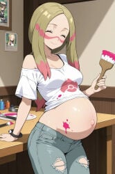 ai_generated blonde_hair blonde_hair_female female looking_at_viewer mina_(pokemon) paint_on_body pokemon pokemon_sm pregnant pregnant_belly pregnant_female smiling_at_partner trial_captain