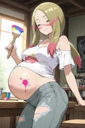 ai_generated blonde_hair blonde_hair_female female looking_at_viewer mina_(pokemon) paint_on_body pokemon pokemon_sm pregnant pregnant_belly pregnant_female smiling_at_partner trial_captain