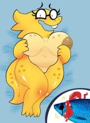 alphys anthro areola big_breasts black_eyes blue_background breasts brown_areola brown_nipples buckteeth eyelashes eyewear feet female freckled_breasts freckled_legs freckled_thighs freckles genitals glasses hi_res huge_breasts looking_at_viewer lying mschaox6 navel nipples nude on_back open_mouth round_glasses scales scalie simple_background solo tan_body tan_scales teeth thick_thighs undertale_(series) vulva wide_hips yellow_body yellow_scales