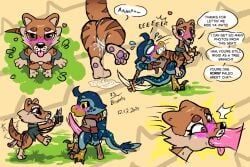 amber_isle anthro anus avian bedroom_eyes benji_(amber_isle) biped bipedal_feral bird blep blizzate blue_body blush bodily_fluids breasts brown_body brown_eyes brown_fur bulge bulge_from_behind butt camera claws clothed clothing cock_warmer cum cum_inside cum_leaking_out duo erection feet fellatio female feral from_behind_position fur genital_fluids genitals hindpaw leaking_cum leg_markings male male/female markings narrowed_eyes nipples oral pantsless pawpads paws penile penis penis_clothing prehistoric_species seductive sex sex_while_working showing_chest sickle_claw silly size_difference smaller_female socks_(marking) soles speech_bubble striped_body stripes surprised text toe_claws tongue tongue_out undressing vaginal_fluids vulva