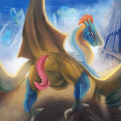 1:1 4_toes akaylass animal_genitalia anisodactyl butt capcom claws cloaca cloacal_penis feathered_crest feathers feet feral flying_wyvern genitals head_crest hi_res looking_at_viewer looking_back looking_back_at_viewer male monster_hunter penis prehensile_penis presenting presenting_genitalia presenting_hindquarters raised_tail scalie scutes solo tail toes wings