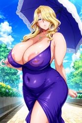 1girls ai-created ai_art ai_generated areolae blonde_hair breasts_out bruceler curvaceous curvy curvy_female curvy_figure earrings glasses hi_res highres impossible_clothes impossible_dress inverted_nipples light-skinned_female long_hair looking_at_viewer mature mature_female mature_woman milf naughty_face necklace olivia_(last_summer_(kuronomiki)) outdoors outside parasol public_exposure public_nudity seductive_look seductive_smile voluptuous voluptuous_female