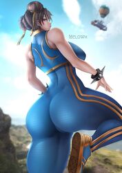 alternate_costume ass back_turned back_view big_ass blue_bodysuit bodysuit breasts brown_hair bubble_butt capcom chun-li chun-li_(fortnite) chun-li_(fortnite)1girls crossover dat_ass female female_only fortnite fully_clothed hair_bun huge_ass large_ass large_breasts leg_up looking_at_viewer looking_back looking_back_at_viewer melowh skin_tight sleeveless sneakers solo spiked_bracelet street_fighter street_fighter_alpha thick thick_ass thick_thighs thighs tight_clothing video_games