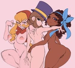 3girls a_hat_in_time ass bard-bot bow_adult bow_kid breast_size_difference breasts female female_only hat hat_adult hat_kid large_breasts looking_at_viewer looking_back moustache multiple_girls mustache_adult mustache_girl nude