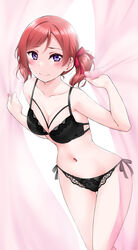 1girls alternative_hairstyle bare_arms bare_legs bare_shoulders black_bra black_panties blush bra breasts cleavage clothing curtains eyebrows_visible_through_hair female hair_ribbon legs_together looking_at_viewer love_live! love_live!_school_idol_project matching_underwear medium_breasts navel nishikino_maki panties purple_eyes red_hair ribbon short_hair side-tie_panties solo thigh_gap twintails underwear wide_hips yopparai_oni