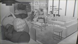 anthro balls being_watched biped bovid breasts canid canine caprine cellphone clothed clothing detailed_background dialogue electronics female female_penetrated furniture genitals group hi_res holding_cellphone holding_object holding_phone inside looking_at_another male male/female male_penetrating mammal nude penetration penile penile_penetration penis phone rodent sex sincrescent sofa television text thick_thighs vaginal vaginal_penetration
