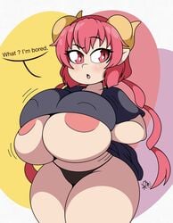 absurd_res areola big_breasts breast_squish breasts busty clothed clothing digital_media_(artwork) dragon english_text female female_focus female_only hi_res horn huge_breasts ilulu_(dragon_maid) miss_kobayashi's_dragon_maid nr_ac panties red_eyes red_hair shaded shadow shortstack simple_background solo solo_focus text thick_thighs twintails wide_hips