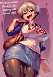 1girls ai_generated big_breasts blue_eyes clothed clothing color english_text female female_focus female_only gigiti hi_res large_breasts light-skinned_female light_skin looking_at_viewer short_hair solo solo_female text thick_thighs trogiai uzaki-chan_wa_asobitai! uzaki_hana