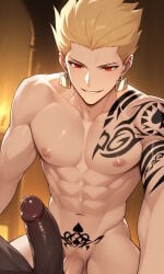 2boys ai_generated blacked blacked_tattoo blonde_hair dark-skinned_male earrings fate/grand_order fate/stay_night fate/zero fate_(series) gay gilgamesh gilgamesh_(fate) interracial light-skinned_male male_bitch male_slut muscular_male nipples penis queen_of_spades red_eyes spiky_hair womb_tattoo yaoi