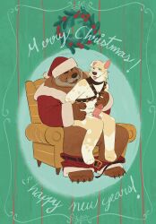 2024 anal anal_penetration anthro anthro_on_anthro anthro_penetrated anthro_penetrating anthro_penetrating_anthro balls bear bell bell_harness belt blep bodily_fluids bottomwear bottomwear_down brown_body brown_fur canid canine canis chair_position christmas christmas_clothing christmas_headwear clothed clothing costume domestic_dog dripping duo english_text erection facial_hair from_behind_position fur genital_fluids genitals harness hat headgear headwear hi_res holidays humanoid_genitalia humanoid_penis jingle_bell jingle_bell_harness male male/male male_anthro male_penetrated male_penetrating male_penetrating_male mammal mustache nipples nude nude_anthro nude_male open_belt overweight overweight_anthro overweight_male pants pants_around_ankles pants_down partially_clothed penetration penile penile_penetration penis penis_in_ass pink_penis precum precum_drip remulle_(artist) santa_costume santa_hat sex sitting tan_body tan_fur text tongue tongue_out wreath wrigley_(d0g_problems)