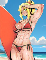 1girls abs absurd_res armpits bikini blonde_female fate/grand_order fate_(series) green_eyes hi_res minew mordred_(fate) muscular muscular_female ponytail red_bikini sidelocks solo swimsuit