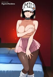 1girl ai_generated anime anime_style artist_name baseball_cap bed black_choker black_hair bouryoku_banzai breasts brown_eyes choker cleavage collarbone covering_breasts covering_privates hat hentai hi_res indoors large_breasts looking_at_viewer loose_socks miniskirt miu_(bouryoku_banzai) mystic_maidens pantyhose parted_lips patreon patreon_username pink_skirt pleated_skirt short_hair skirt smile socks solo standing topless white_headwear