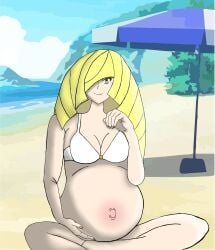 beach beach_background bikini blonde blonde_female blonde_hair blonde_hair_female green_eyes green_eyes_female lusamine_(pokemon) pokemon pokemon_sm pregnancy pregnant pregnant_belly pregnant_female villainess