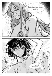 2girls alien_stage blush breasts greyscale long_hair mizi_(alien_stage) nude short_hair smile sua_(alien_stage) sweat yuri