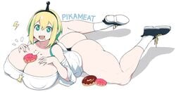 amano_pikamee ass big_ass big_breasts donut female female_only food huge_ass looking_at_viewer nipple_bulge shark_girl sharp_teeth shirt shoes sinensian thighs virtual_youtuber voms_project yellow_hair