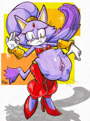 anthro anthro_female blaze_the_cat cat cat_ears enjoying_pregnancy fetal_movement hyper_pregnancy kicking_(pregnancy) looking_at_viewer pregnancy pregnant pregnant_belly pregnant_female purple_fur sega shantae shantae_(cosplay) sonic_(series) sonic_the_hedgehog_(series)