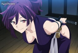 1girl ai_generated anime anime_style armband bare_shoulders black_armband breasts center_opening cleavage collarbone hentai hi_res hip_vent holding holding_sword holding_weapon indoors japanese_clothes jigokuraku katana kimono leaning_forward looking_at_viewer medium_breasts mystic_maidens ninja patreon purple_hair purple_kimono red_eyes sash short_hair smile solo sword topknot weapon white_sash wooden_floor yuzuriha_(jigokuraku)