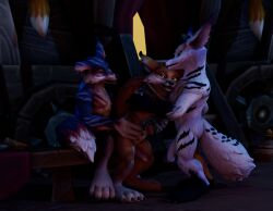 3d_(artwork) absurd_res anal anal_penetration anthro balls big_ears big_penis black_nose blizzard_entertainment brown_eyes canid claws digital_media_(artwork) erection fur genitals green_eyes group hand_on_chest hand_on_leg hi_res humanoid_genitalia humanoid_penis inside kiro_(warcraft) leg_grab male male/male male_penetrated male_penetrating male_penetrating_male mammal multicolored_body multicolored_fur nuber penetration penis pink_penis red_body red_eyes red_fur sex standing standing_sex tan_body tan_fur teeth trio vulpera warcraft white_body white_fur widescreen