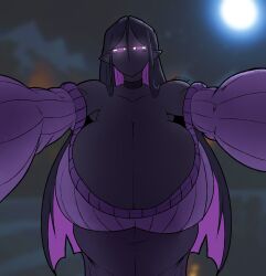 1girls black_body blurred_background breasts choker elf_ears enderman enderwoman female gigantic_breasts looking_at_viewer massive_breasts minecraft monster_girl moon multicolored_hair night no_mouth purple_eyes purple_sclera purple_sweater reaching_towards_viewer spintopple viewer_pov