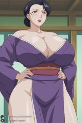 1female 1girl 1girls 2026 ai_generated artist_name bare_shoulders big_ass big_breasts black_hair blush breasts cleavage collarbone cowboy_shot curvy grey_eyes groin hair_bun hands_on_hips hi_res high_quality high_resolution highres huge_ass huge_breasts indoors japanese_clothes kimono lipstick long_sleeves looking_at_viewer makeup mature_female mistreated_bride mole mole_under_mouth no_bra no_panties obi off_shoulder parted_lips patreon patreon_username pelvic_curtain purple_kimono red_lips sash short_hair single_hair_bun solo standing takayanagi_sumie thick_thighs thighs unjobdespiert watermark wide_hips wide_sleeves