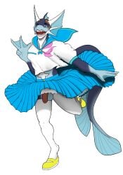 alpha_channel anthro aquatic asian_clothing balls bottomwear clothing east_asian_clothing femboy fish frill_(anatomy) genitals gesture hand_gesture hi_res humanoid_genitalia humanoid_penis japanese_clothing japanese_school_uniform legwear male nunyahbis penis raised_leg school_uniform serafuku shark skirt solo thigh_highs uniform v_sign wardrobe_malfunction