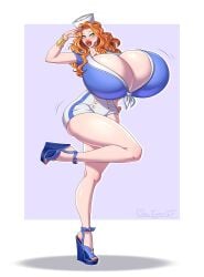 1girls big_breasts big_lips bimbo bimbo_body bimbo_lips breasts breasts_bigger_than_body breasts_bigger_than_head cleavage female female_only gigantic_breasts green_eyes high_heels hourglass_figure huge_breasts hyper_breasts large_breasts maxtyan-tf military_uniform navy_uniform orange_hair pinup revealing_clothes saluting thick_lips thick_thighs wide_hips