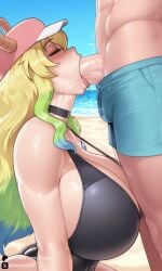 1boy 1boy1girl 1girls ai_generated beach big_breasts blowjob breasts breasts_bigger_than_head busty chocker cleavage closed_eyes clothed clothed_female clothing deepthroat deepthroat_no_hands fellatio female huge_breasts lucoa male mature_female milf miss_kobayashi's_dragon_maid one-piece_swimsuit oral oral_sex quetzalcoatl_(dragon_maid) revealing_clothes self_upload sleen straight swimsuit throat_bulge tongue tongue_out voluptuous voluptuous_female