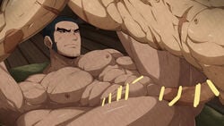 2boys abs ass bar_censor bara beard black_hair brown_eyes buzz_cut censored chest_hair completely_nude erection facial_hair feet_out_of_frame golden_kamuy highres imminent_sex kuroshinki large_pectorals long_sideburns lying male_focus male_only mature_male multiple_boys muscular muscular_male navel nipples nude on_back penis reward_available scar scar_on_arm scar_on_chest short_hair sideburns solo_focus spread_legs stomach stubble sugimoto_saichi tanigaki_genjirou thick_eyebrows thick_thighs thighs veins veiny_penis very_short_hair yaoi