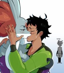 absurd_res anthro big_breasts black_hair blush bodily_fluids breasts c0cobeanz clothing dark_body dark_skin duo_focus erection erection_under_clothing eyes_closed female female_on_human fur generation_9_pokemon glistening glistening_body glistening_fur green_clothing green_jacket green_topwear grey_body grey_fur group hair half-closed_eyes hi_res hug human human_on_anthro interspecies jacket kissing male male/female male_on_anthro mammal mega_delphox mega_evolution narrowed_eyes nintendo pokemon pokemon_(species) pokephilia purple_body purple_fur red_nose saliva shiny_pokemon simple_background standing topwear white_background white_body white_fur
