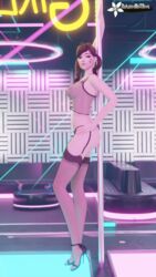 1girls 3d 3d_(artwork) alternate_breast_size alternate_costume asian_female blizzard_entertainment breasts cyberpunk_2077 d.va egirl fishnet hana_song high_heels itsvanillatime overwatch shoes stripper stripper_pole thighhighs twintails