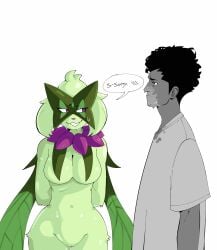 absurd_res anthro big_breasts black_hair bodily_fluids breast_curtains breasts c0cobeanz clothing english_text eyelashes female female_anthro female_on_human fur generation_8_pokemon generation_9_pokemon genital_fluids genitals green_body green_fur grin hair hi_res human human_on_anthro interspecies male male/female male_human male_on_anthro mammal meowscarada navel nintendo pokemon pokemon_(species) pokephilia shirt simple_background smile standing sweat text topwear vaginal_fluids vaginal_fluids_on_face vulva white_background wide_hips
