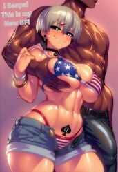 1boy 1girls abs ai_generated american_flag_bikini bare_arms bare_legs bare_shoulders bare_thighs big_breasts bikini blacked blue_eyes blush color english_text female gigiti grabbing_breasts grey_hair hand_on_breast hi_res large_breasts light-skinned_female light_skin looking_at_viewer male male/female muscles muscular muscular_male netorare ntr queen_of_spades queen_of_spades_earrings queen_of_spades_symbol queen_of_spades_tattoo short_hair text thick_thighs trogiai uzaki-chan_wa_asobitai! uzaki_hana