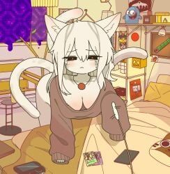 1girls animal_crossing ankha ankha_(animal_crossing) anthro bed bloo_(character) blush blushing bottomless bottomless_anthro bottomless_female breasts cards cartoon_network doremifaso64 ear_tuft enderman felid feline felis female foster's_home_for_imaginary_friends fur ghast lamp looking_at_viewer minecraft mojang multiple_tails nether_portal nintendo pillow solo solo_anthro solo_female solo_focus tail tears white_body white_fur white_hair white_tail