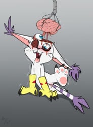 2018 anthro bandai_namco biped black_nose blood blue_eyes bodily_fluids brain brain_removal claws clitoris clothing death digimon digimon_(species) ear_tuft empty_eye_socket exposed_brain eye_gouge female front_view fuf fur gatomon genital_fluids genitals gloves gloves_only gore handwear handwear_only hi_res humanoid_genitalia humanoid_vulva mostly_nude open_mouth organ_removal organs pawpads simple_background solo tail tail_tuft teeth toe_claws tongue tongue_out tuft vaginal_fluids vulva white_body white_fur