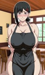 1girls ai_generated apron apron_only big_boobs big_breasts black_hair blush brown_eyes cafe chainsaw_man curvy curvy_female curvy_figure curvy_thighs higashiyama_kobeni huge_breasts kobeni_higashiyama large_breasts light-skinned_female light_skin looking_at_viewer mature_female nervous shao145 shiny_skin solo solo_female standing sweat sweaty