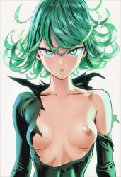 1girls ai_generated areolae bangs bare_shoulders breasts clothing collarbone curly_hair eyelashes female female_focus female_only green_eyes green_hair human looking_at_viewer medium_hair nipples one-punch_man one_breast_out parted_lips petite pinup seductive shiny_skin simple_background small_breasts solo solo_female tatsumaki thin_waist torn_clothes white_background