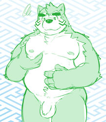 2021 anthro balls blush canid canine canis domestic_dog flaccid genitals goujuyu kemono live-a-hero male mammal mokdai_(live_a_hero) moobs nipples overweight overweight_anthro overweight_male penis solo video_games