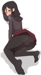 1boy black_hair black_jacket brown_eyes bulge femboy feminine_male girly hoodie kansard_depravity miniskirt panting penis_under_skirt pleated_skirt red_skirt skirt skirt_lift sweaty_thighs trap upskirt