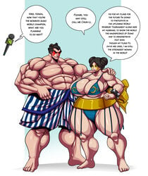 alternate_costume alternate_universe asian asian_female barefoot bikini_top black_hair brown_hair chun-li dialogue edmond_honda facepaint female female_sumo fundoshi hair_buns hand_on_shoulder hands_on_hips interview large_ass large_breasts loincloth male male/female married married_couple mawashi microphone muscular_female muscular_male osmar-shotgun pearl_earrings pink_lipstick ribbon speech_bubble spiked_bracelet street_fighter sumo text thick_thighs twin_buns unseen_character wedding_ring weight_gain