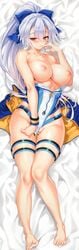 1girls absurdres breasts cameltoe cle_masahiro dakimakura_(medium) dakimakura_design fate/grand_order fate_(series) feet female garters highres nipples on_back one-piece_swimsuit partially_visible_vulva ponytail solo swimsuit tomoe_gozen_(fate) undressing