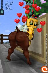 anthro arthropod ass bee_(minecraft) bodily_fluids crown female furlyfe_redux genital_fluids genitals heart hi_res insect_wings looking_at_viewer looking_back minecraft outside patreon presenting pussy pussy_juice shortstack solo solo_focus text thick_thighs tongue url video_games wings