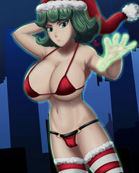 1girls big_breasts bikini breasts christmas christmas_hat cleavage dgemporium green_eyes green_hair hat one-punch_man stockings tatsumaki