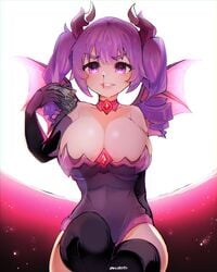 1girls big_breasts breasts cleavage demon_horns female female_only large_breasts looking_at_viewer money nosebleed otachan otakuvs pigtails purple_eyes purple_hair rinbinto solo succubus the_otachan_show thick_thighs thighhighs