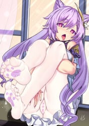 ahe_gao ass censored cum cum_on_feet dress dripping feet female frilled_dress frills genshin_impact hair_cones hair_ears heart heart-shaped_pupils heart_censor highres implied_after_sex keqing_(genshin_impact) legs long_hair looking_at_viewer no_shoes open_mouth pantyhose paw_print purple_dress purple_eyes purple_hair pussy pussy_juice saliva soles symbol-shaped_pupils thighs tongue tongue_out twintails vibncent white_legwear